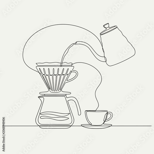 Continuous line art illustration of coffee brewing process