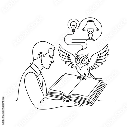 Continuous Line Art: Man reading book with owl and thoughts