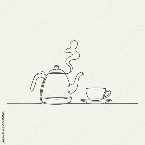 Continuous line art illustration of coffee pot and cup on light backdrop