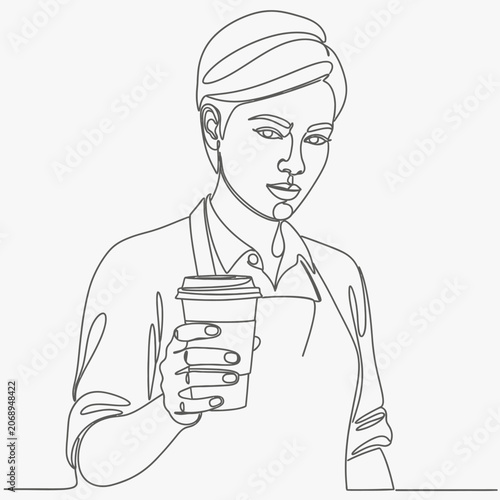 Continuous line art of a barista holding coffee cup.