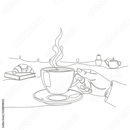 Continuous line art of a person holding coffee cup at breakfast.