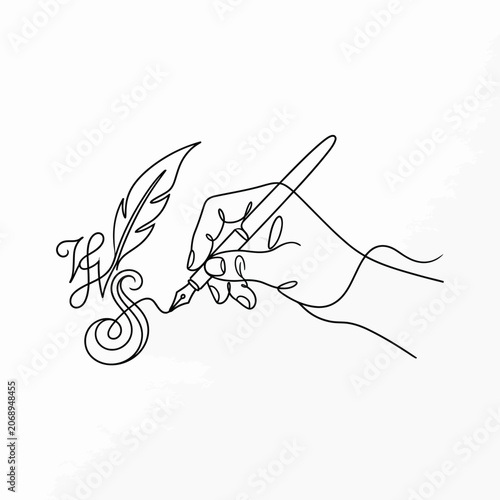Continuous line art of a writer's hand with quill and ink