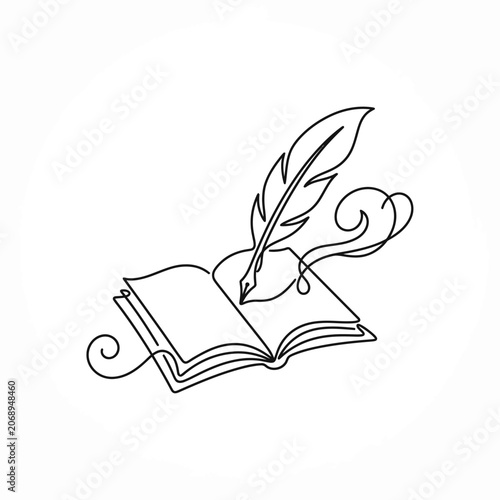 Continuous Line Art of Book and Quill Pen - Creative Writing Concept