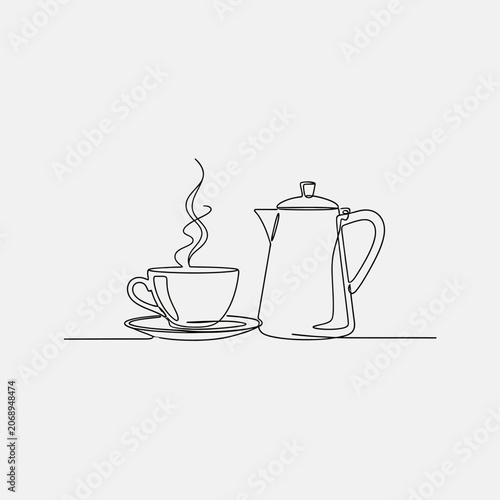 Continuous line art of coffee cup and pot against a white background.
