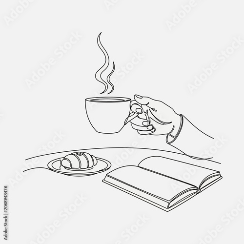 Continuous line art of coffee cup, croissant, and book
