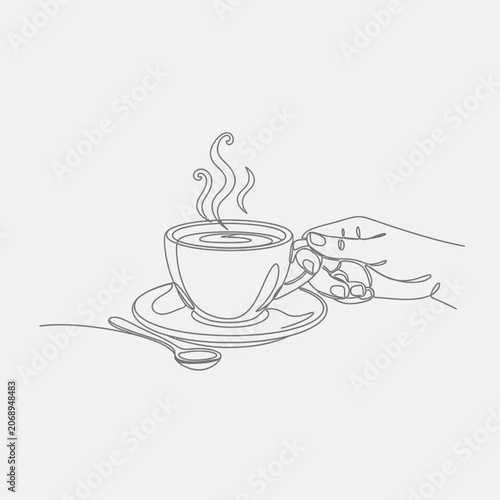 Continuous line art of coffee cup, hand holding steamy beverage