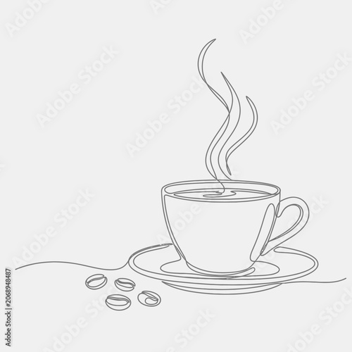 Continuous line art of coffee cup, saucer, and beans on white background