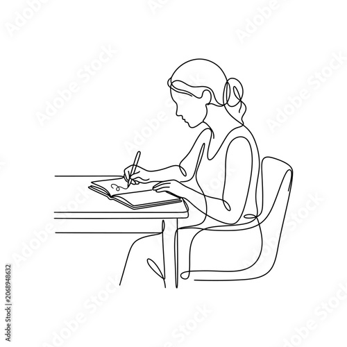 Continuous line drawing of a woman writing in a notebook, minimalist