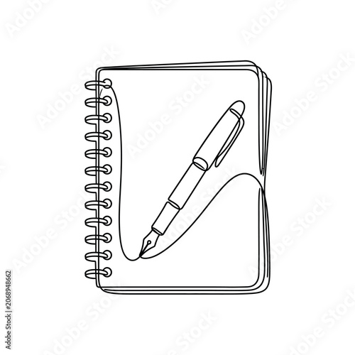 Continuous line drawing of notebook and fountain pen, minimalism, art design