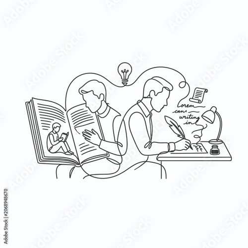 Continuous line drawing of man reading book and writing with quill and ink.
