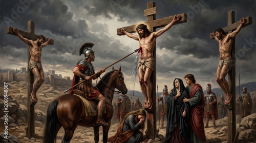 Jesus Christ on the cross at Golgotha with roman soldier piercing his side with lance. Biblical crucifixion scene with weeping Mary and disciple John. Religious historic art painting.