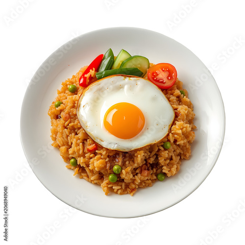 a fried rice served on a white plate topped with a perfectly fried sunny-side-up egg