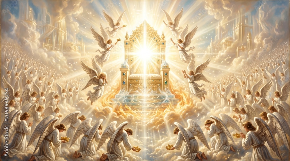 Fototapeta premium Angels surrounding divine golden throne in heaven. Celestial beings worshiping and offering crowns to Almighty God. Biblical scene of spiritual majesty, religious light and afterlife glory.