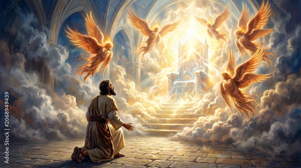Obraz premium Man kneeling before golden throne in heaven. Faithful believer praying to God surrounded by winged angels. Biblical scene representing afterlife, spiritual worship and divine glory.