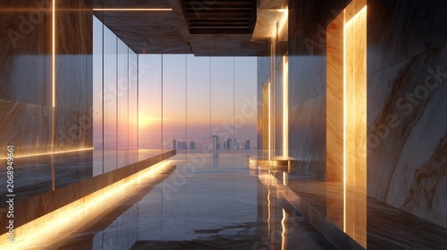 Modern interior architecture features expansive glass overlooking a city skyline at dusk