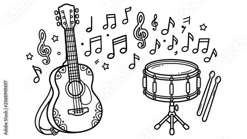 Line art drawing of an acoustic guitar and snare drum with musical notes and stars