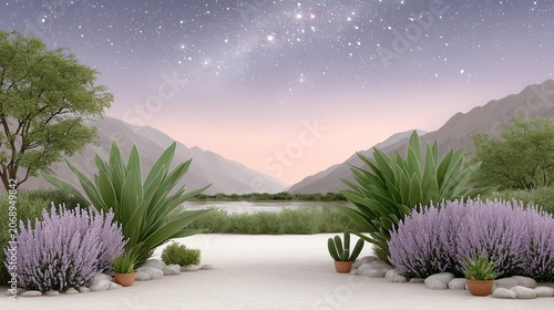 A serene desert garden with agave plants and lavender under a starry twilight sky, framed by distant mountain ranges and a calm river.