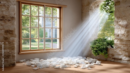 Sunlight streams through a window and an opening in a stone wall, illuminating scattered white rocks on a wooden floor with greenery outside.