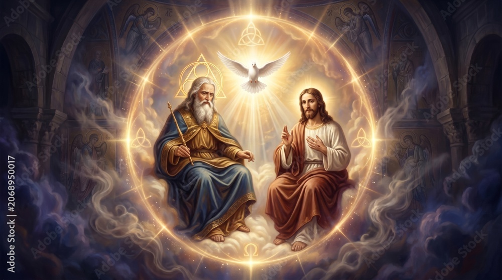 Obraz premium God the Father and Jesus Christ seated together in heaven with the Holy Spirit as a dove. Religious christian art depicting the Holy Trinity. Spiritual worship and divine grace concept.