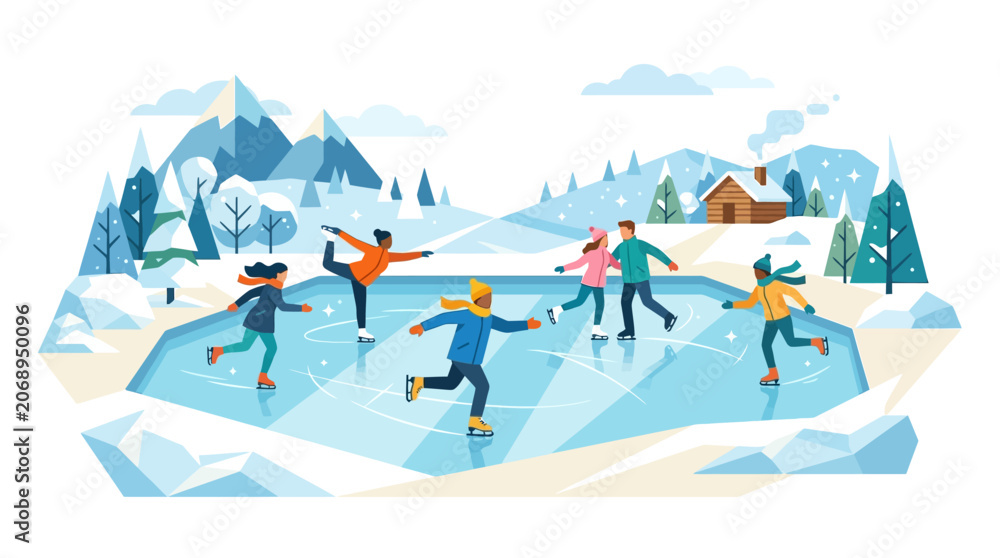 Fototapeta premium Winter ice skating scene: People enjoying outdoor activity