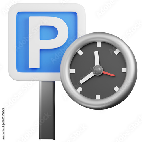 3d render Parking Sign with Clock , parking time Icon 