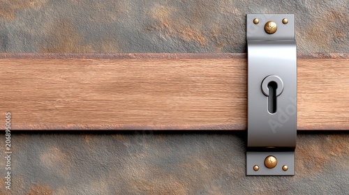 A close-up image of a metal keyhole plate mounted on a wooden plank against a textured stone or concrete wall.