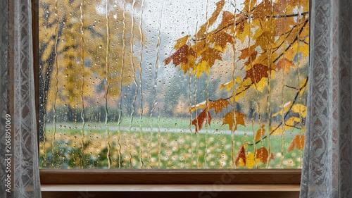 Raindrops on window pane overlooking autumn park with golden leaves