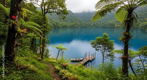 Tropical lake surrounded by lush rainforest and jungle vegetation with wooden pier