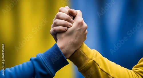 Two hands clasping in a show of unity and support with a blurred background