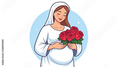 Pregnant woman holding red roses bouquet.
