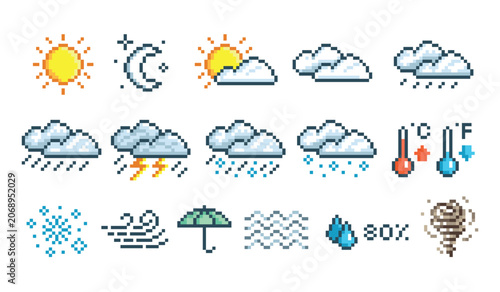 Weather pixel icons. Weather forecast 8 bit symbols. Clouds, sun, crescent, rain and snow. Humidity and temperature indicators, thermometers tidy vector set original artwork
