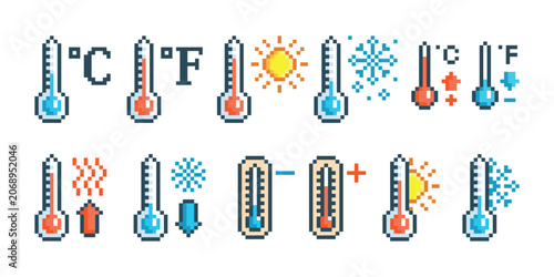 Pixel art weather thermometers. Pixelated thermometer column show different outside temperature. Winter, summer seasons, game 8 bit icons, tidy vector clipart original artwork
