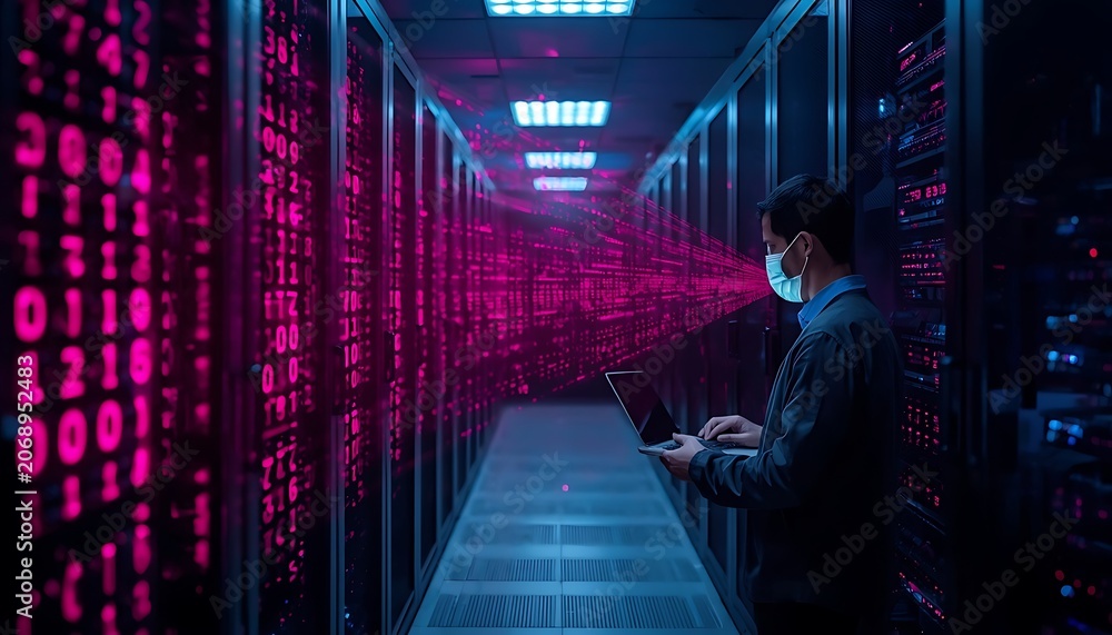 Fototapeta premium IT Specialist Using Laptop in Data Center Full of Rack Servers. Concept of High Speed Internet with Pink Neon Visualization Projection of Binary Data Transfer
