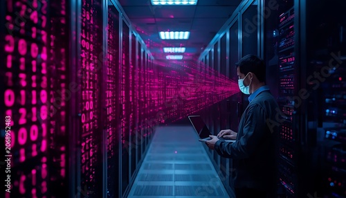 IT Specialist Using Laptop in Data Center Full of Rack Servers. Concept of High Speed Internet with Pink Neon Visualization Projection of Binary Data Transfer