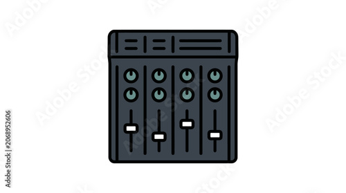 Detailed Audio Mixing Console Icon with Faders and Knobs, Isolated White Background.
