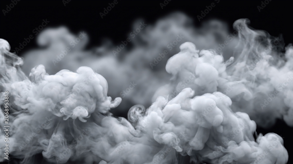 Fototapeta premium A photorealistic collection of voluminous fog and dry ice smoke clouds drifting gracefully across a pure solid black background, perfectly isolated as a compositing overlay element.