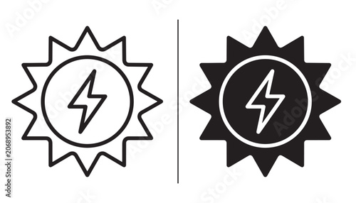 Cuadro en lienzo Solar Power Icon: Two stylized solar energy icons, one outlined and one filled in black, symbolizing renewable electricity generation and sustainable power