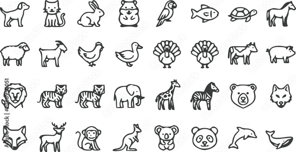 Obraz premium Animal Outline Vector Icons Set Cute Cartoon Farm & Wild Animals Collection