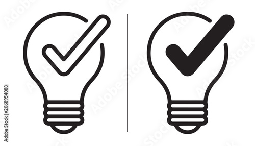 Fotografie Lightbulb Idea Confirmation: Two stylized lightbulbs, one outlined and the other solid, each featuring a prominent checkmark, symbolize a validated or confirmed idea
