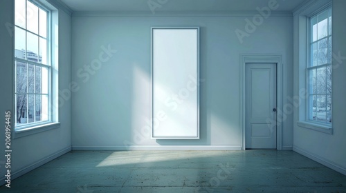 Interior space features blank rectangular display mounted on wall between two tall windows
