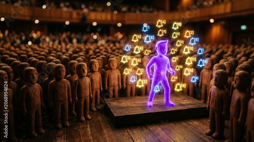 Wooden figurines encircle glowing purple figure with star-like lights, symbolizing individuality, leadership, and uniqueness through radiant energy and magical distinction in communal setting.