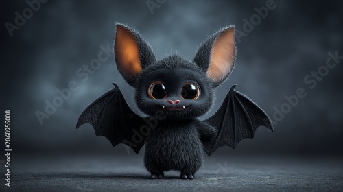 Adorable cartoon bat character with large expressive eyes and fluffy fur isolated on black background. Fantasy animal illustration featuring a cute flying bat with wings. Perfect for Halloween theme.