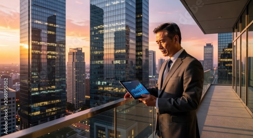 Asian businessman using tablet to analyze financial stock market graph on skyscraper balcony. Professional executive managing investment data in city sunset. Future digital business finance.