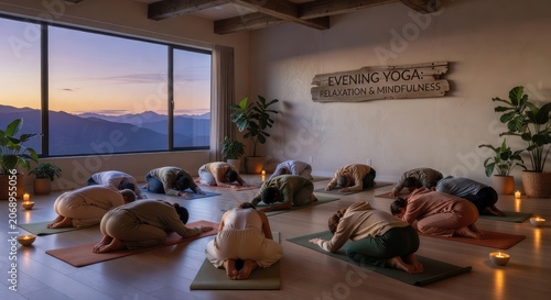 Group of woman and man practicing child pose on yoga mat in studio. People doing evening yoga for relaxation and mindfulness. Wellness practice at sunset with mountain view background.