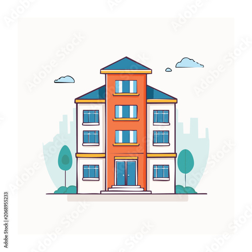 Flat design illustration of an apartment building with trees and