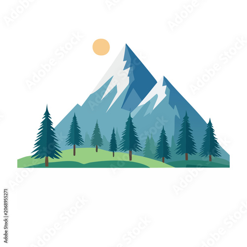 Flat design mountain landscape with pine forest and sun