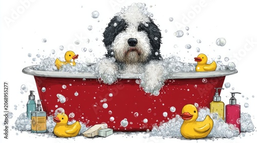 An adorable Old English Puli dog in a red bathtub full of bubbles, with rubber duckies and soap