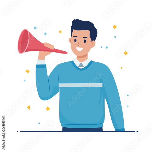Man holding megaphone, flat vector illustration