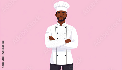 Smiling chef in white uniform standing.