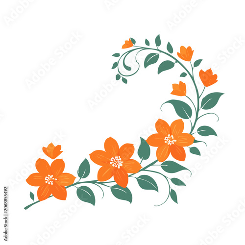 Orange flowers and green leaves vector illustration